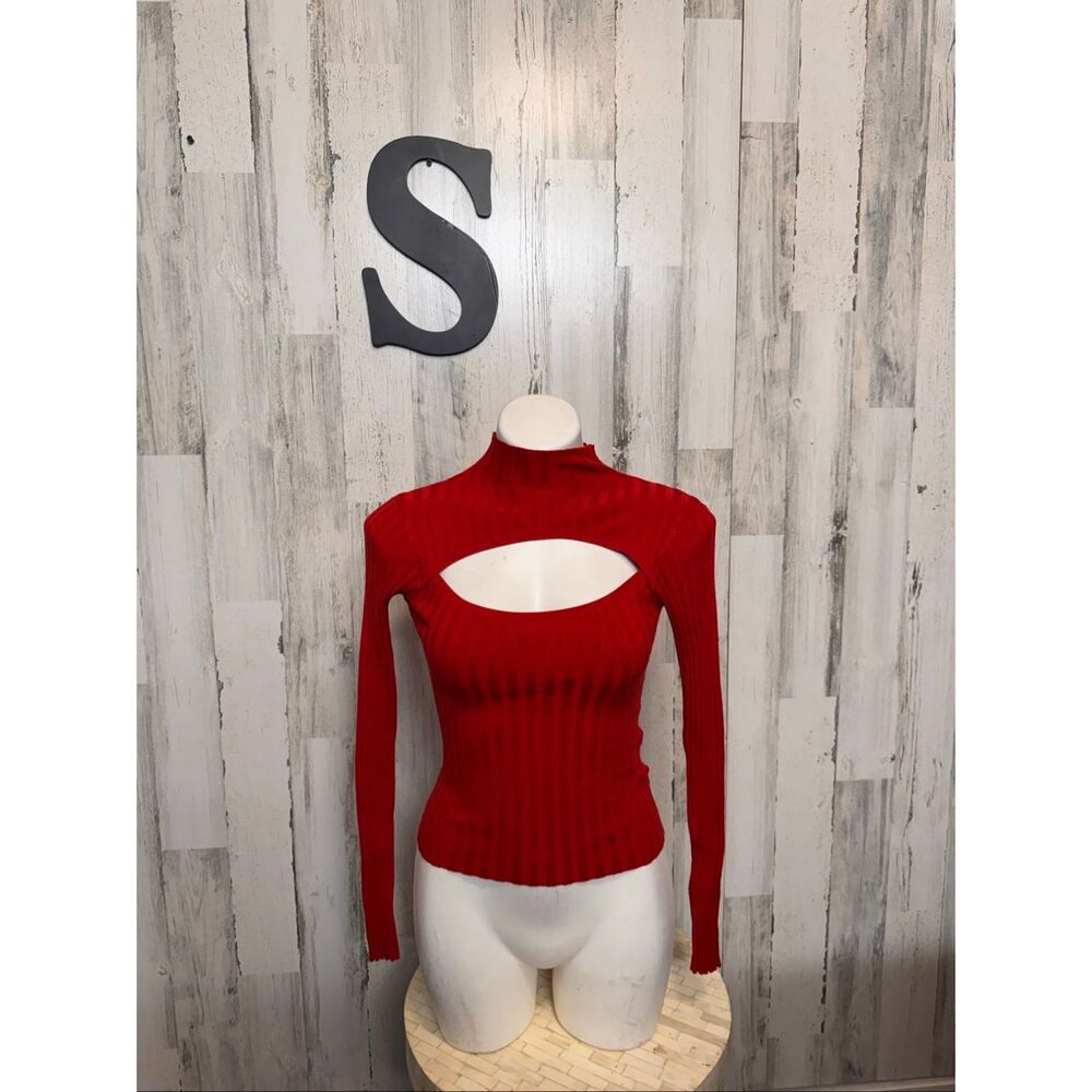 H&M Divided Candy Red Ribbed Knit Mock Neck Cutout Chest Long Sleeve Top Small